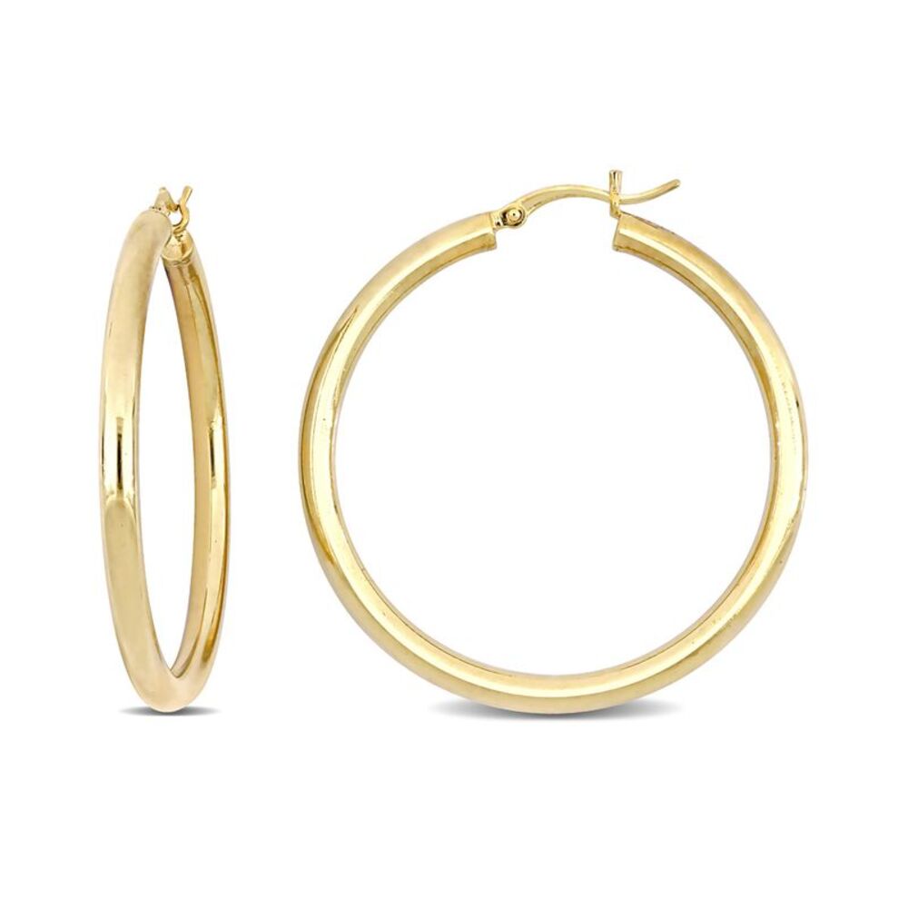 Yellow Plated Sterling Silver Polished Hoop Earrings (1 1/2 Inches)
